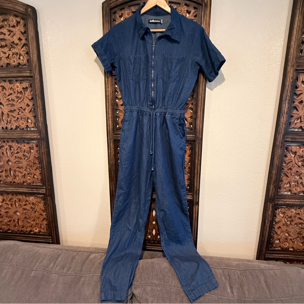 Dollhouse Indigo Blue Short-Sleeve Zip-Front Jumpsuit